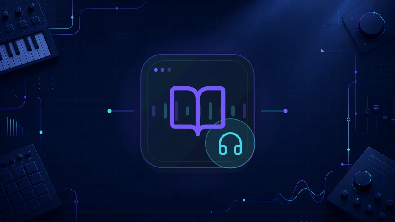 Abstract open book and studio headphones illustration